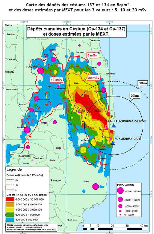 Carte des dépôts des césiums 137 et 134 en Bq/m² et des doses estimées par MEXT pour les 3 valeurs : 5, 10 et 20 mSv