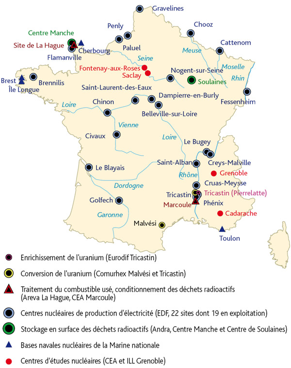 Localisation des sites nucléaires ayant contribué à la surveillance complémentaire de la radioactivité de l’air après l’accident