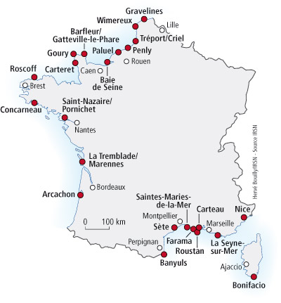 Les 23 stations de surveillance marine de l’IRSN © Hervé Bouilly/IRSN - Source IRSN