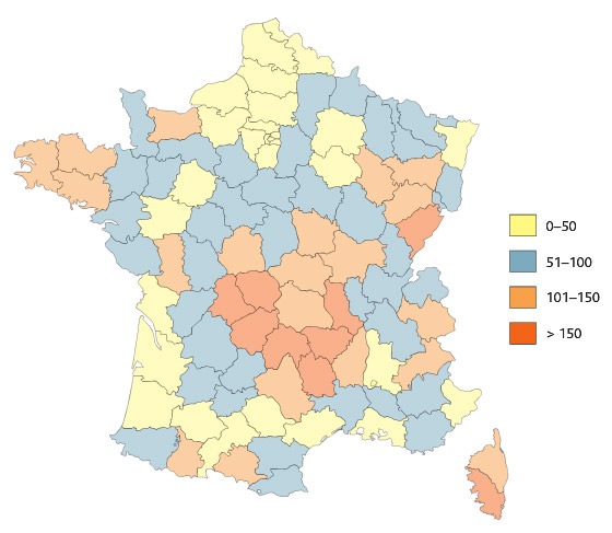 Moyenne par département des concentrations en radio dans l'air des habitations (en becquerel par mètre-cube, Bq/m3).