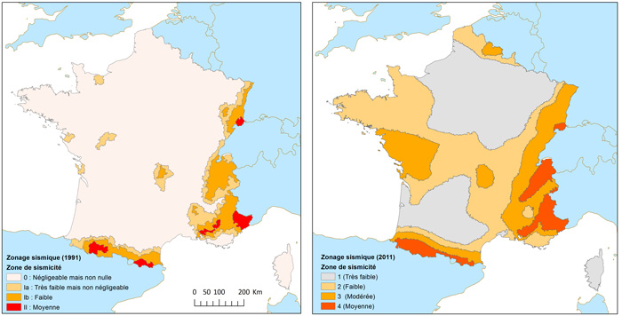 Zonage sismique de la France établi en 1991 et 2011