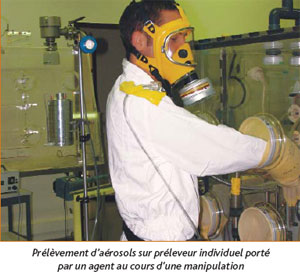 Prélèvement d'aérosols sur un préleveur individuel porté par un agent au cours d'une manipulation