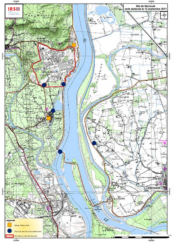 Carte des mesures réalisées dans l'environnement à Marcoule