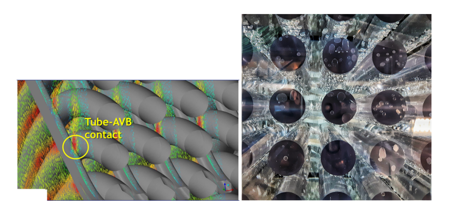 : exemple d’un calcul de l’écoulement au sein du chignon du faisceau tubulaire d’un GV (gauche) et un essai expérimental d’un faisceau tubulaire soumis à un écoulement diphasique transverse (droite).