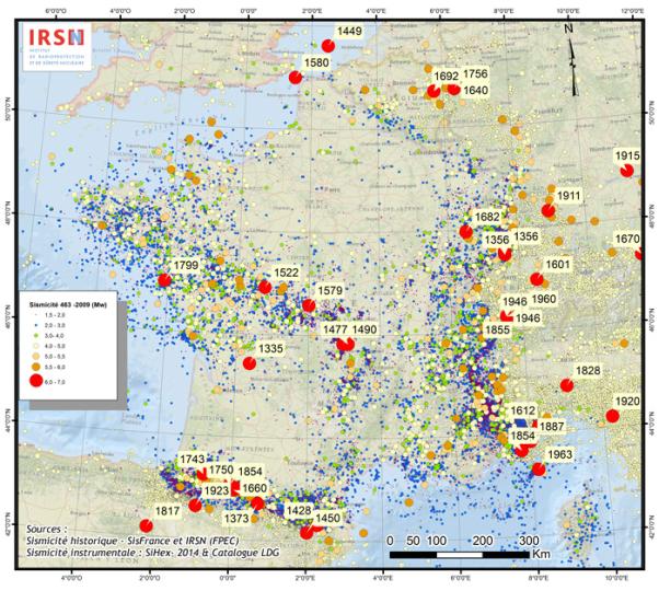 Sismicité en France entre 463 et 2009.