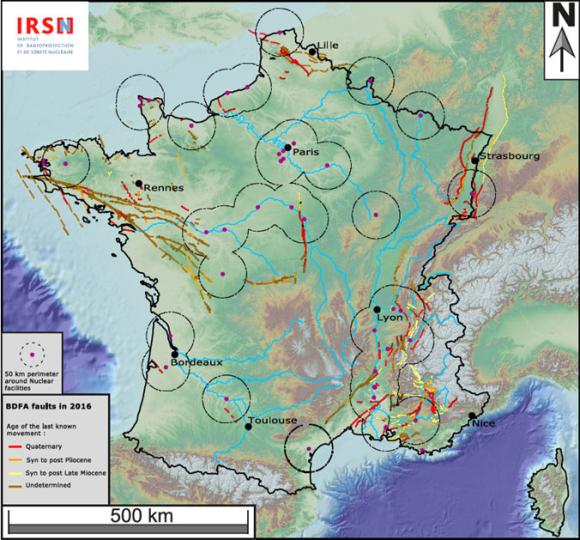 Carte des failles potentiellement actives issue de la BDFA de l’IRSN