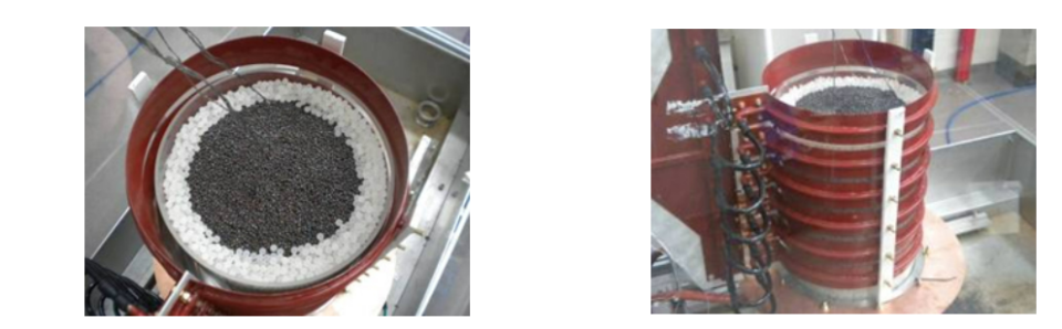 IRSN - Image 1  : vue de dessus du lit de billes  - Image 2 : vue du lit de billes à l'interieur 