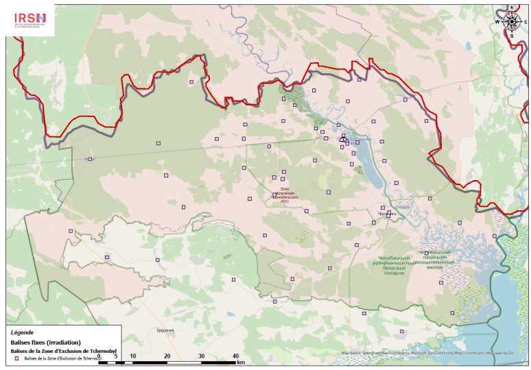 Carte de localisation des balises de surveillance de la radioactivité ambiante dans la zone d'exclusion de Tchernobyl