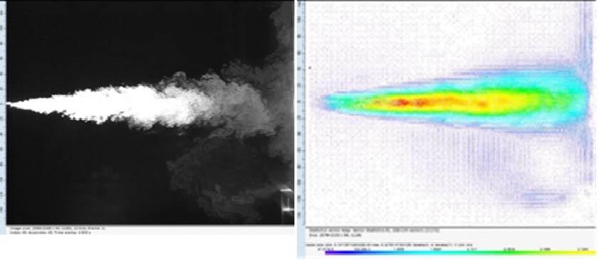 CARDAMOMETTE  - Jet d’hélium tracé à l’alumine (gauche) et champs PIV associé 
