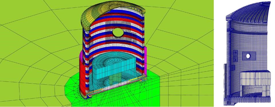 LMAPS - Maillage d'une enceinte interne 1300 MWe et Coupe du maillage d'une enceinte interne 1300 MWe