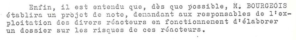Figure 7 : Demande d’un projet de note à jean Bourgeois, extrait de CEA, compte-rendu de la réunion du 11 février 1960 de la Commission de sûreté des installations atomiques. Archive IRSN/FAR 327047